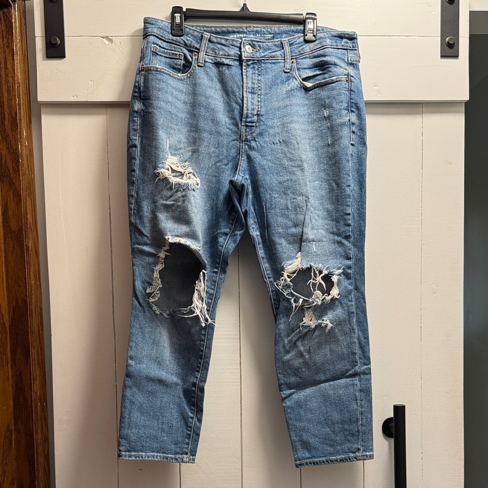 Old Navy OG Straight High Waist Distressed Denim Blue Jeans 14P 14 Short
